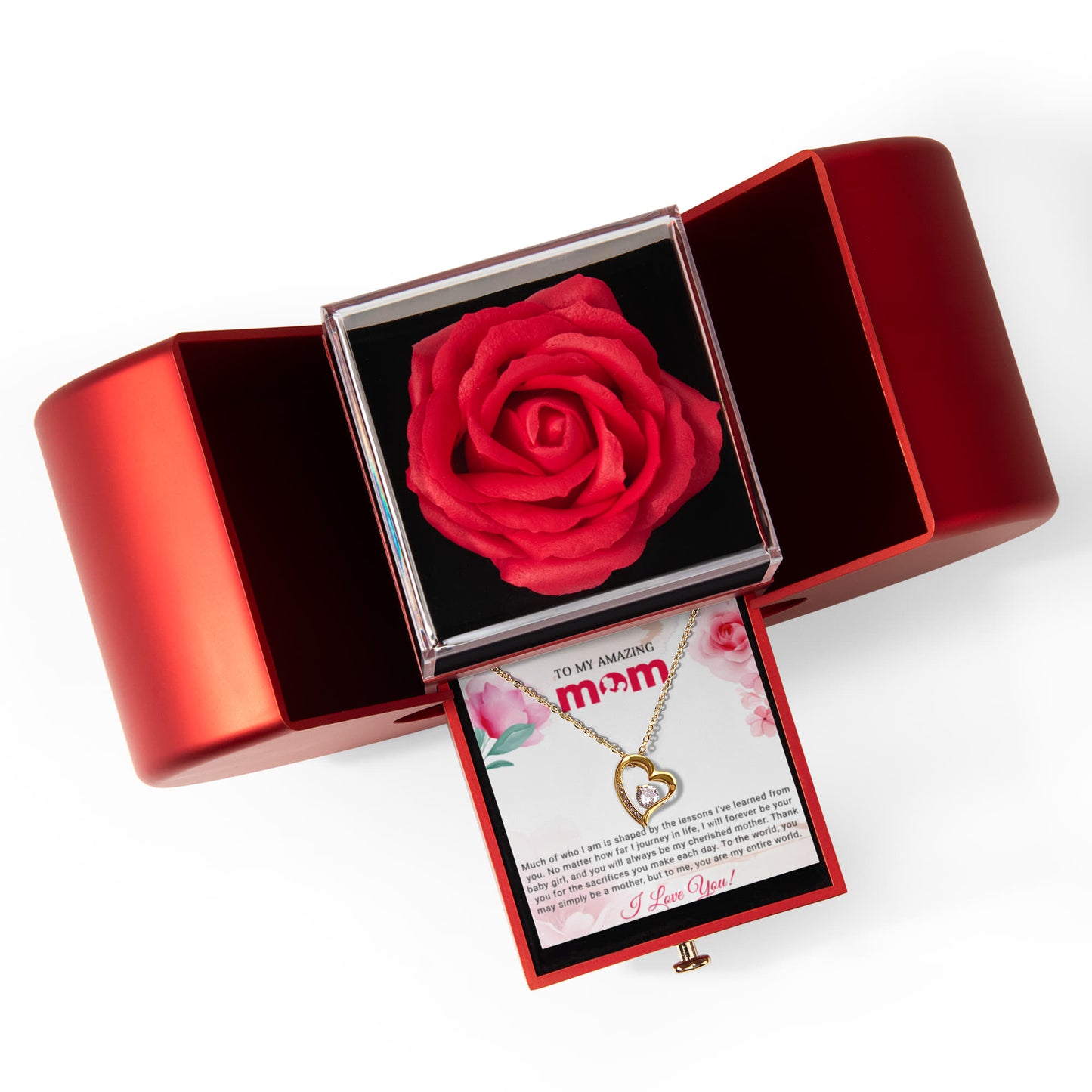Mom Heart Necklace & Rose Gift Set