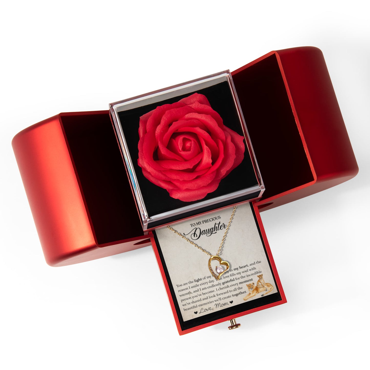 To My Precious Daughter Heart Necklace  & Rose Gift Box Set