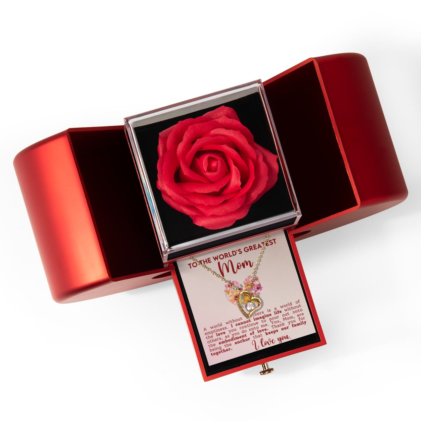 Mom Heart Necklace & Rose Gift Set