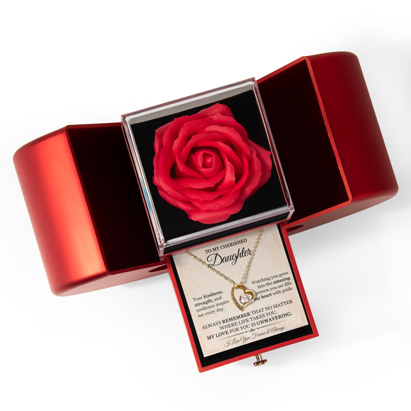 To My Cherished Daughter Heart Necklace  & Rose Gift Box Set