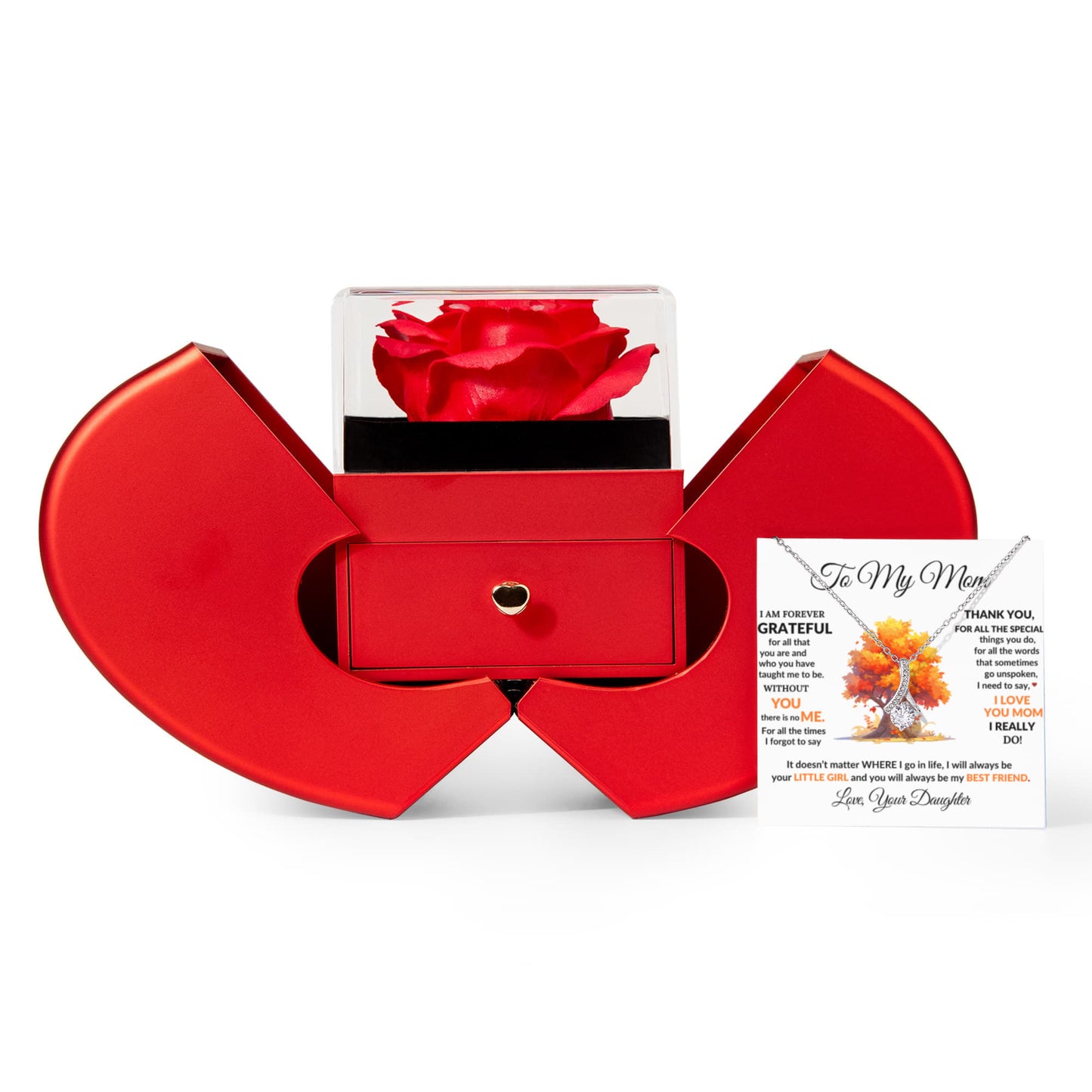 Mom Petite Ribbon Necklace & Rose Gift Box Set
