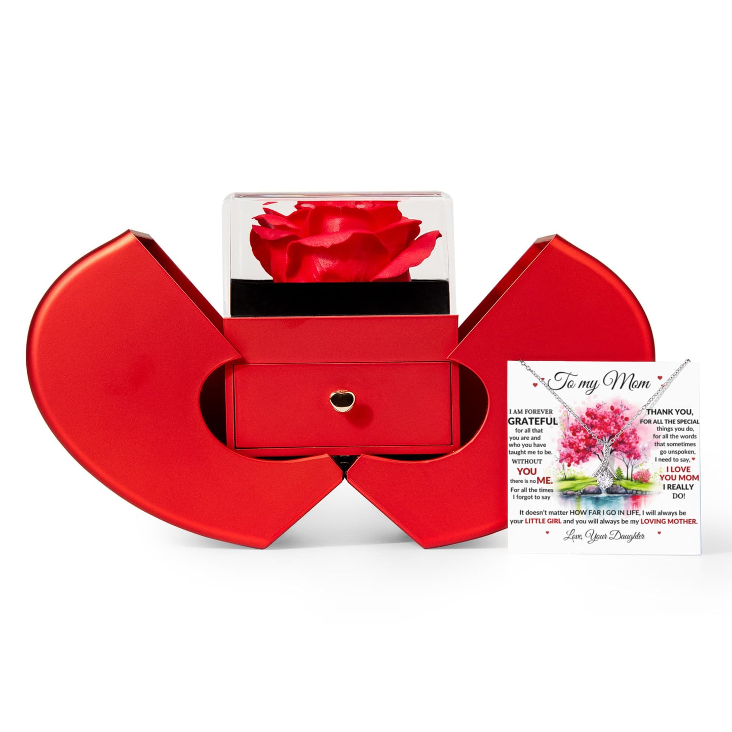 Mom Petite Ribbon Necklace & Rose Gift Box Set