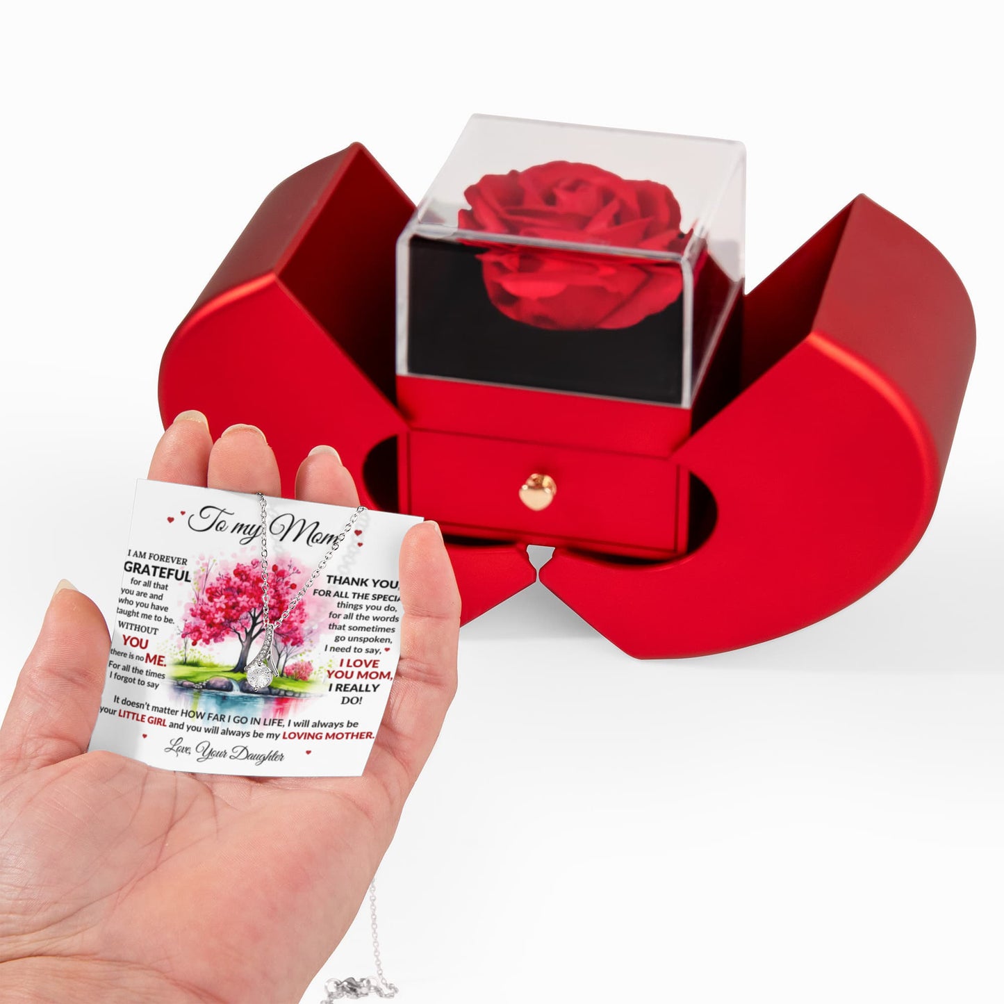 Mom Petite Ribbon Necklace & Rose Gift Box Set