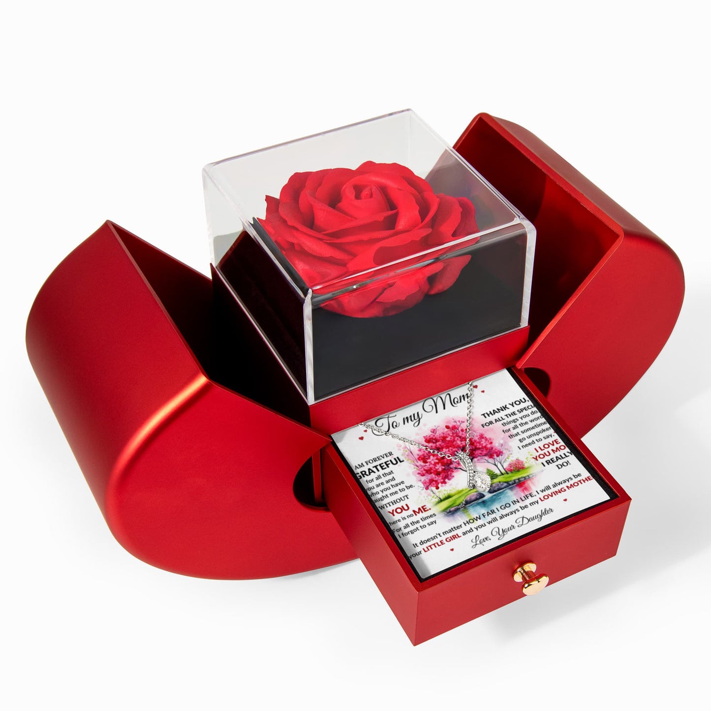 Mom Petite Ribbon Necklace & Rose Gift Box Set