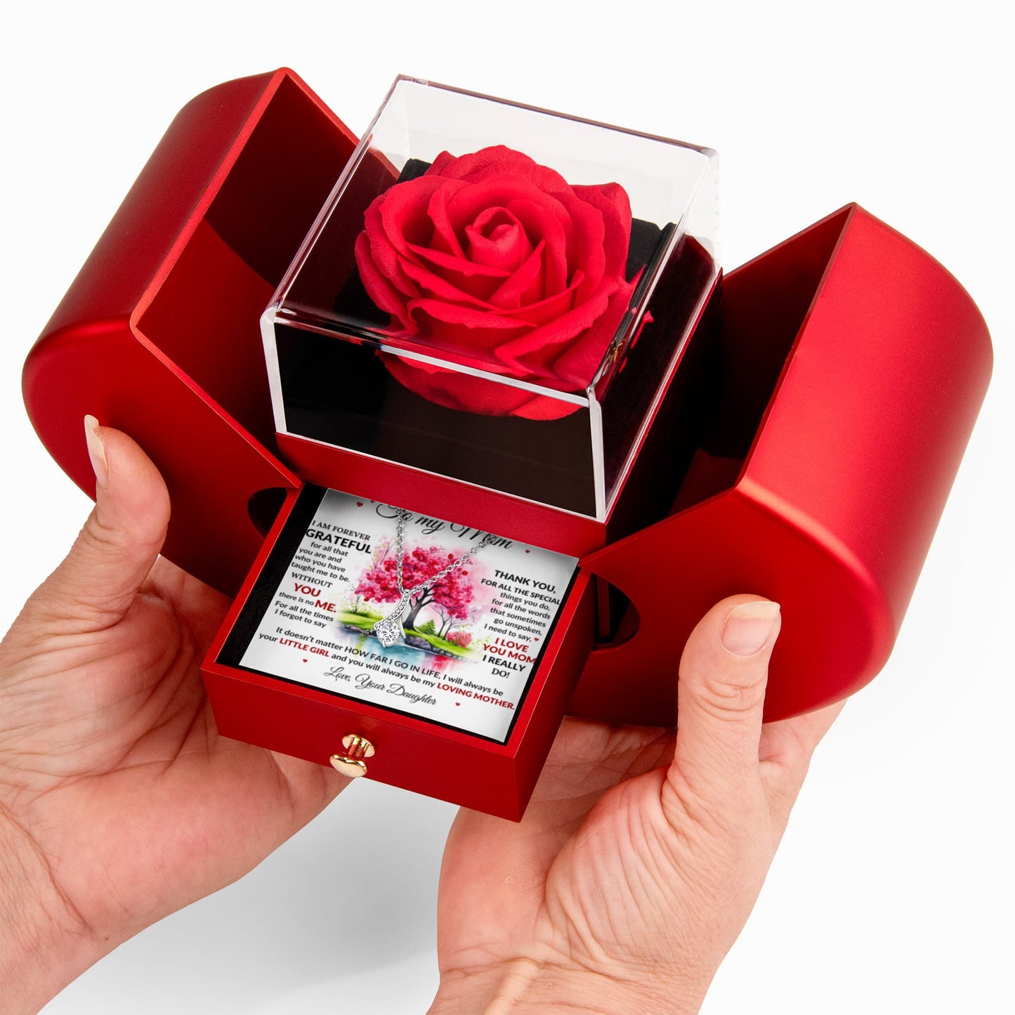 Mom Petite Ribbon Necklace & Rose Gift Box Set