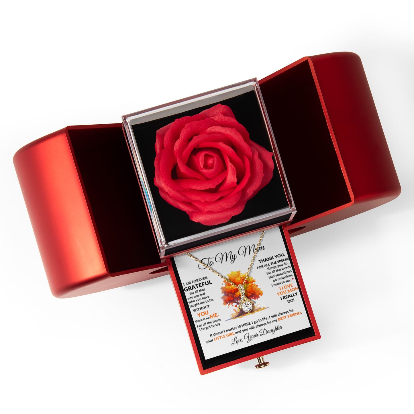Mom Petite Ribbon Necklace & Rose Gift Box Set