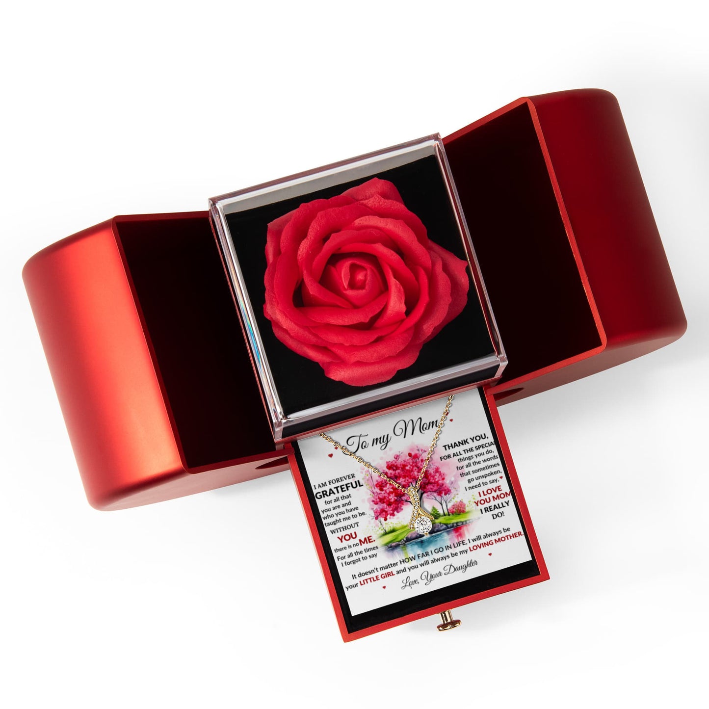 Mom Petite Ribbon Necklace & Rose Gift Box Set