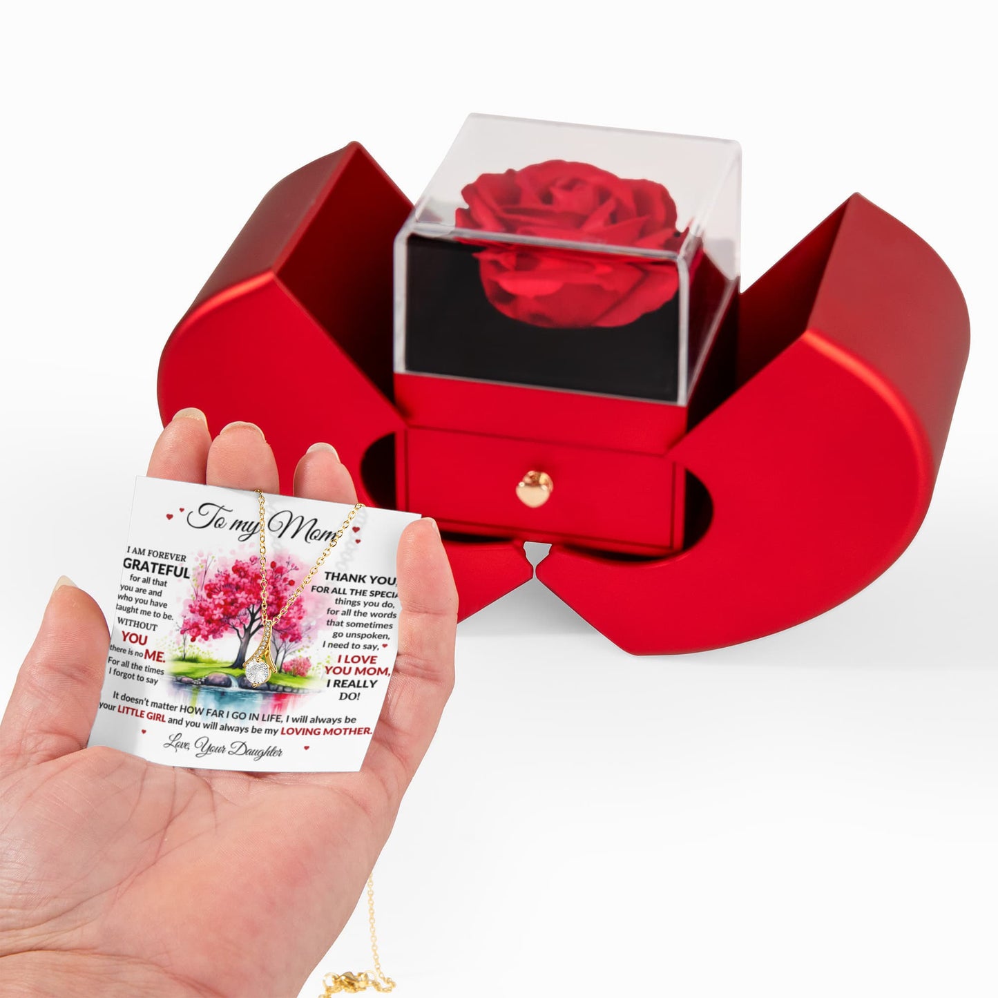 Mom Petite Ribbon Necklace & Rose Gift Box Set