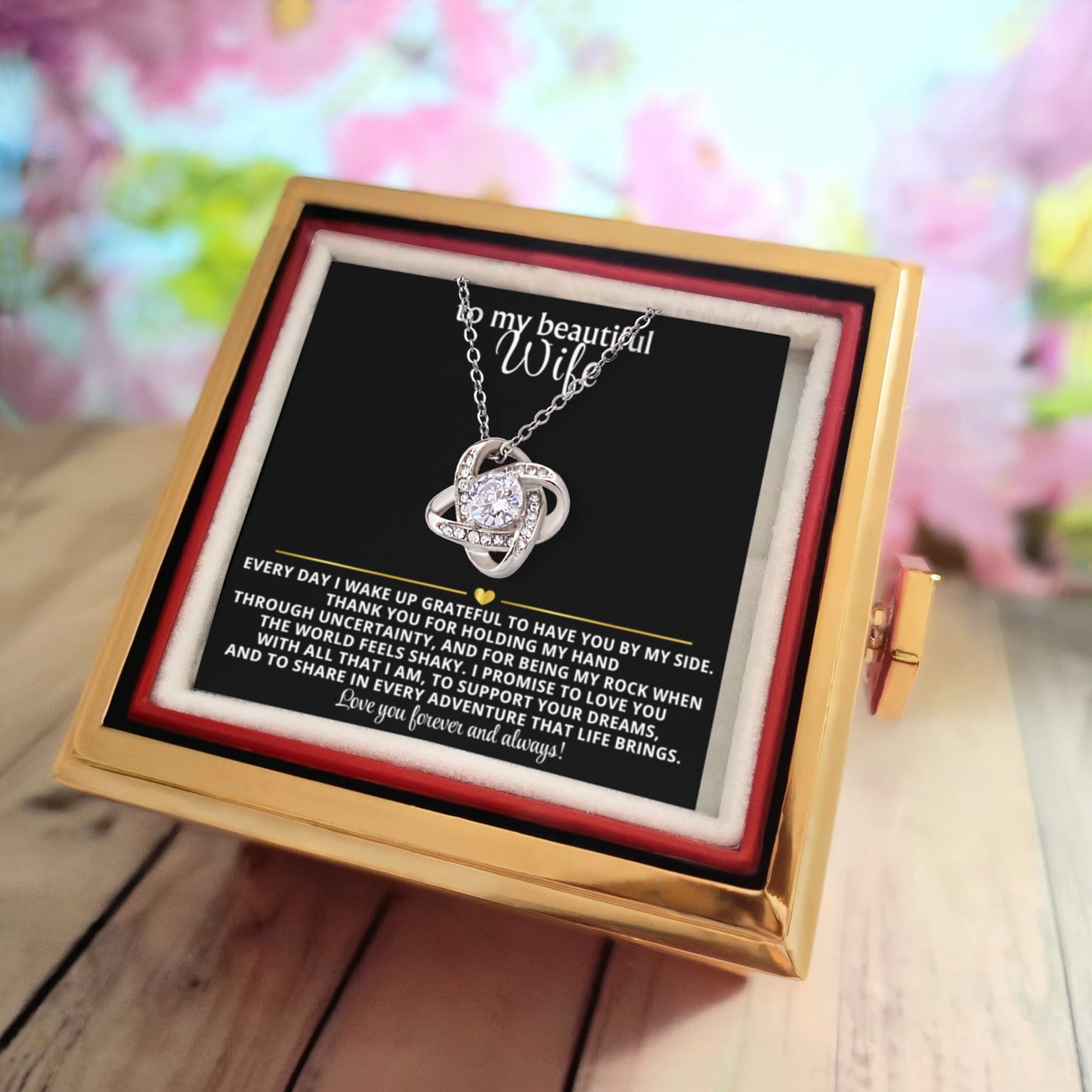 To My Wife Love Knot Necklace Rotating Rose Gift Box Set