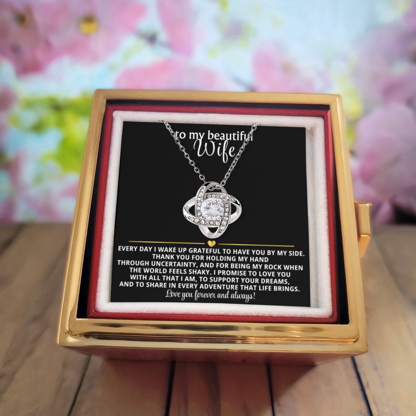 To My Wife Love Knot Necklace Rotating Rose Gift Box Set