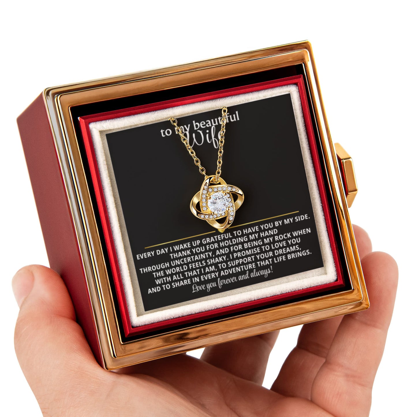 To My Wife Love Knot Necklace Rotating Rose Gift Box Set