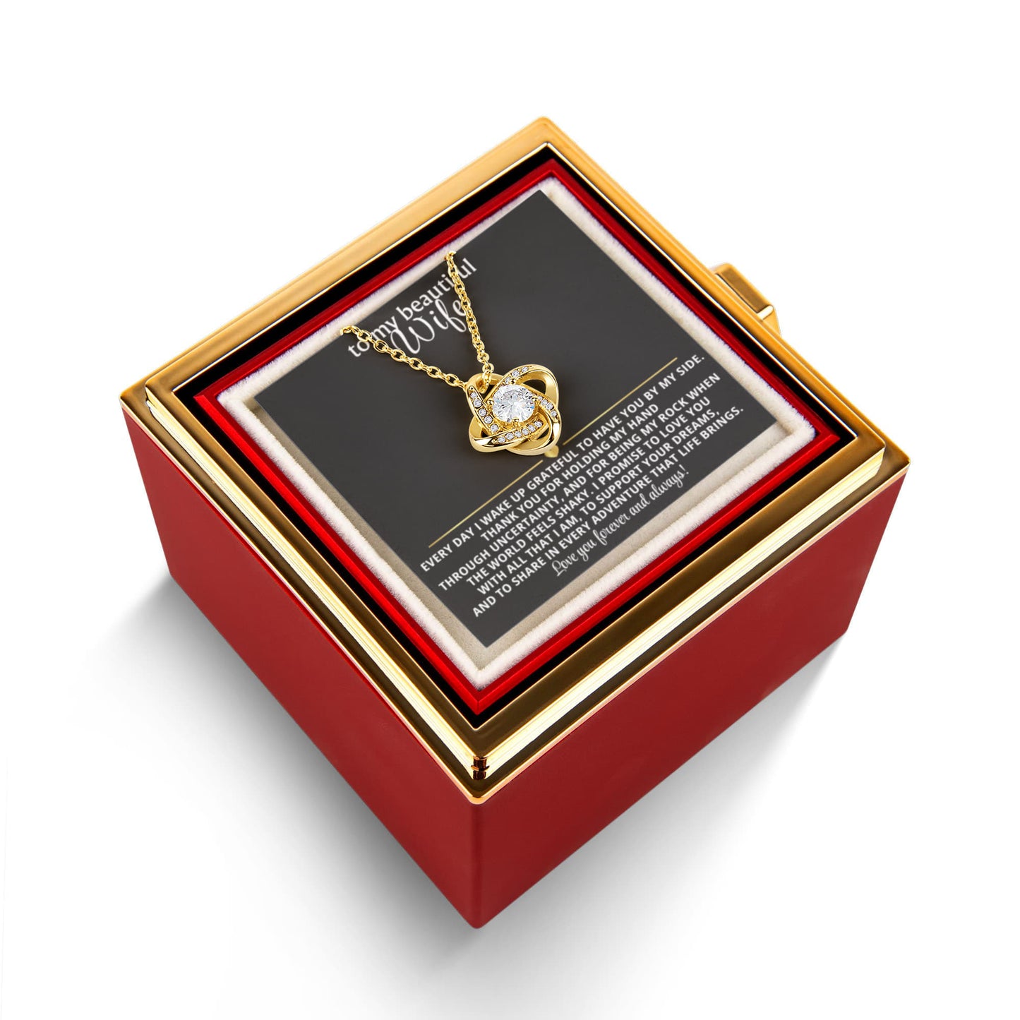 To My Wife Love Knot Necklace Rotating Rose Gift Box Set