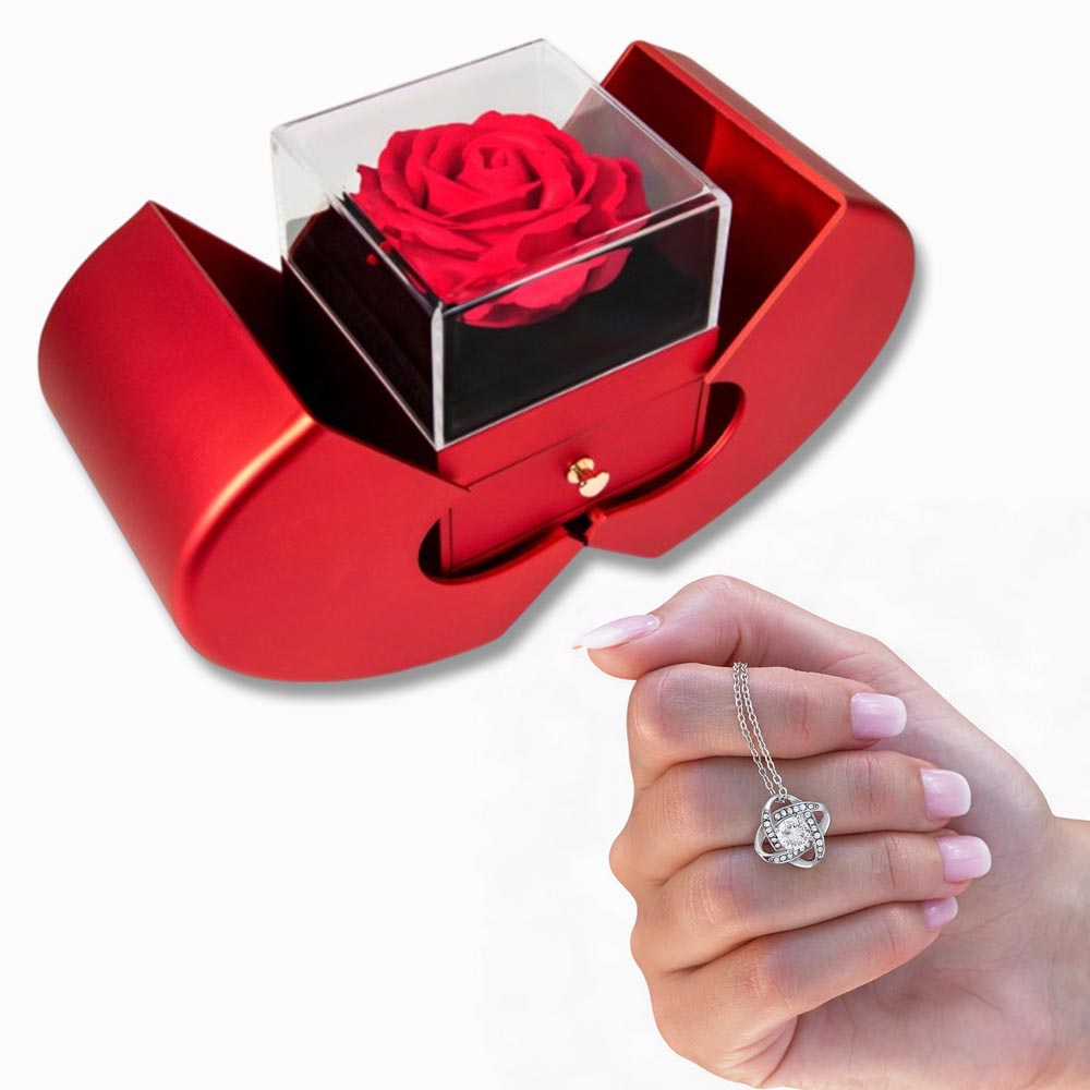 Love Knot Necklace with Red Heart Rose Box Gift Set