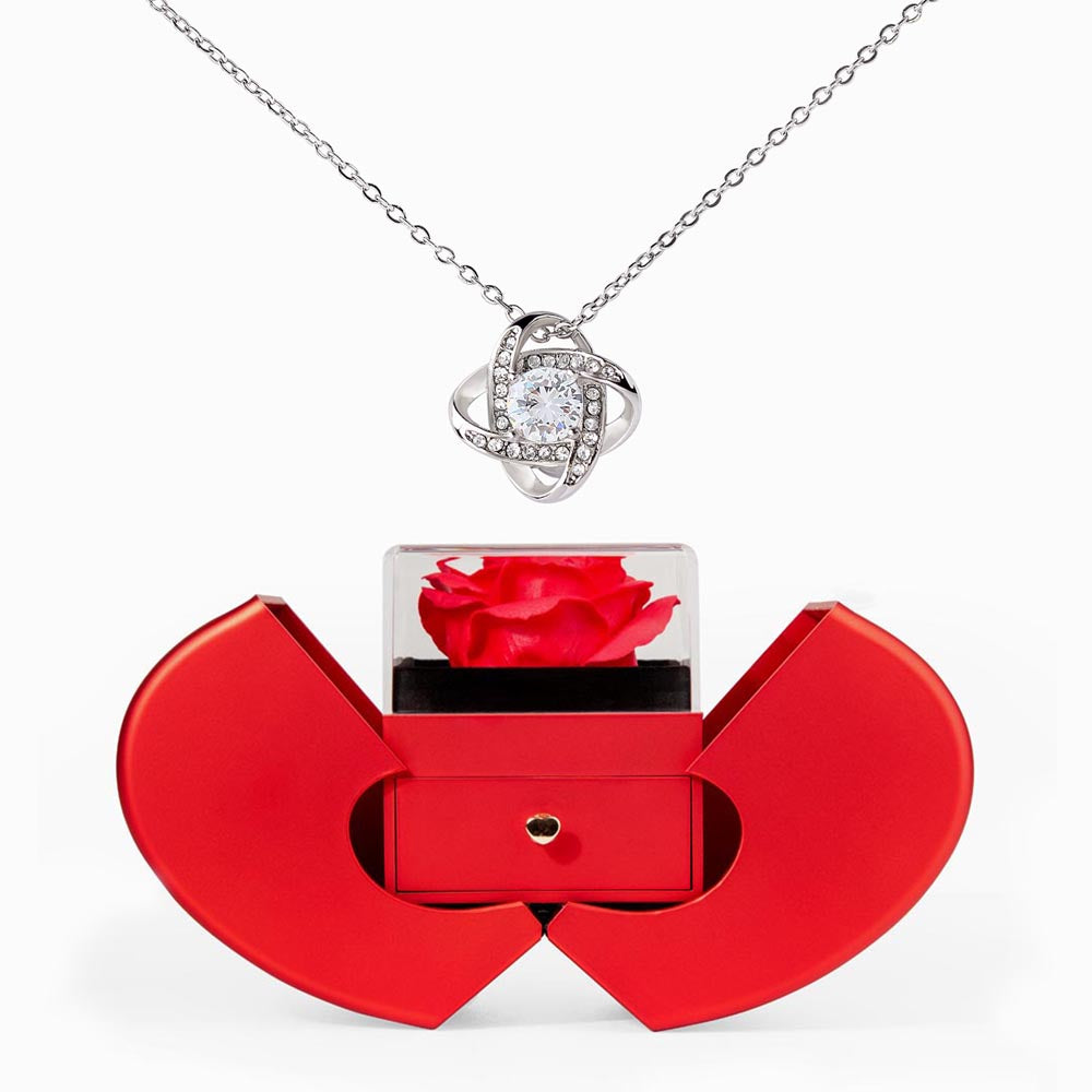 Love Knot Necklace with Red Heart Rose Box Gift Set