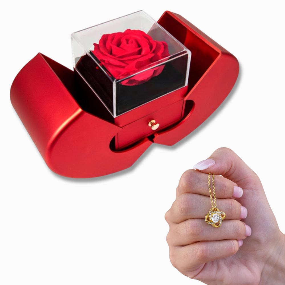 Love Knot Necklace with Red Heart Rose Box Gift Set