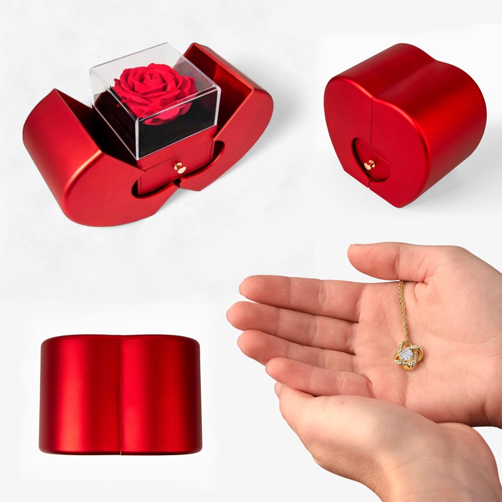 Love Knot Necklace with Red Heart Rose Box Gift Set