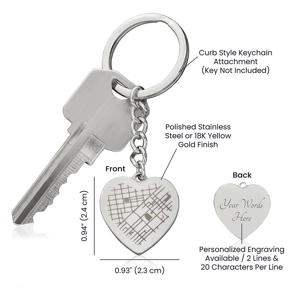 Engraved Map on Heart Keychain