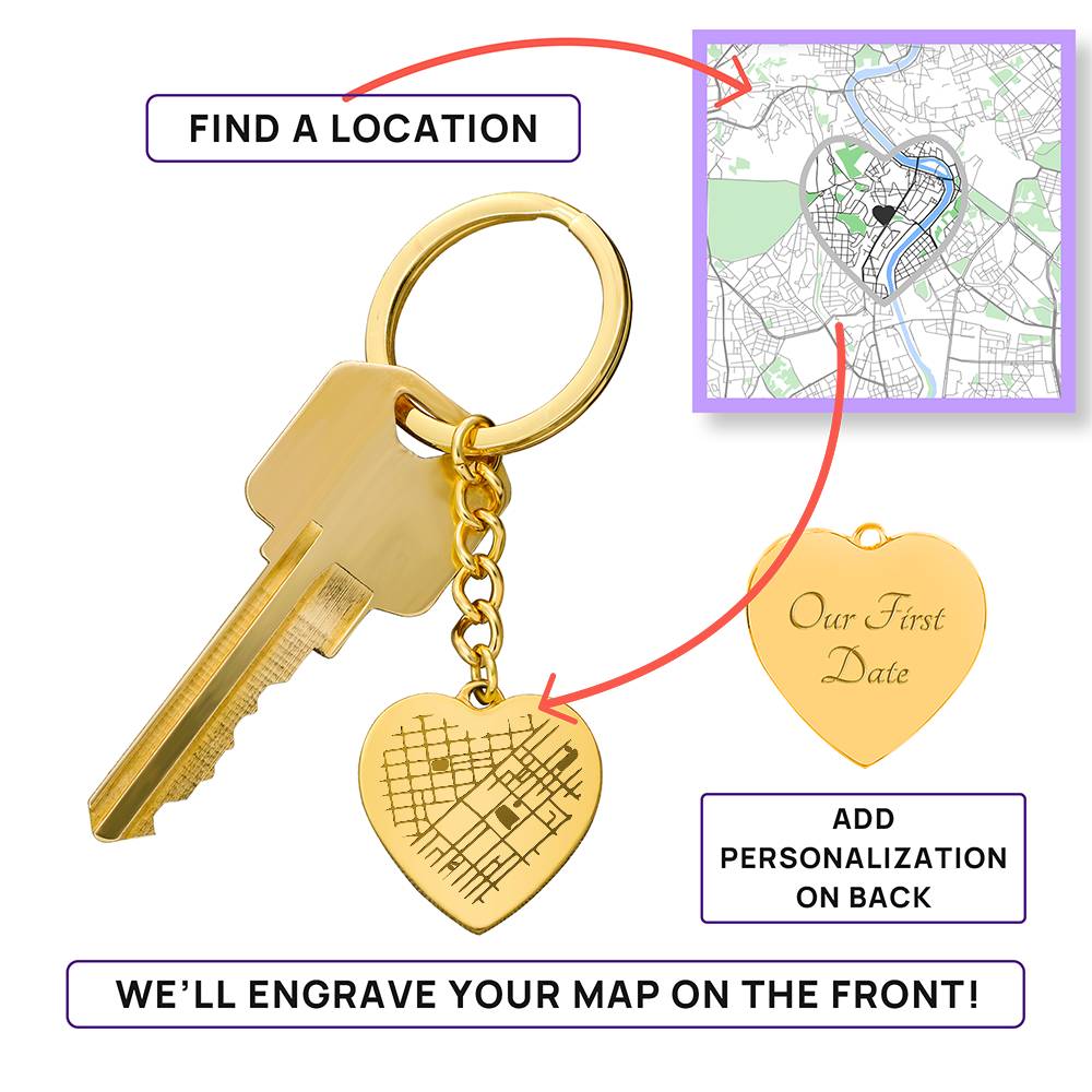 Engraved Map on Heart Keychain