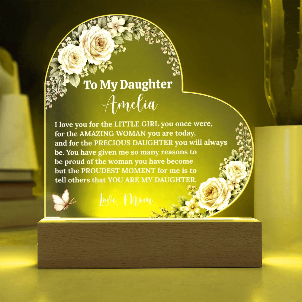 Daughter Lighted Heart Gift, Acrylic Plaque with LED Base, Color-Changing Heart for Birthday, Graduation Keepsake, Wedding Gift