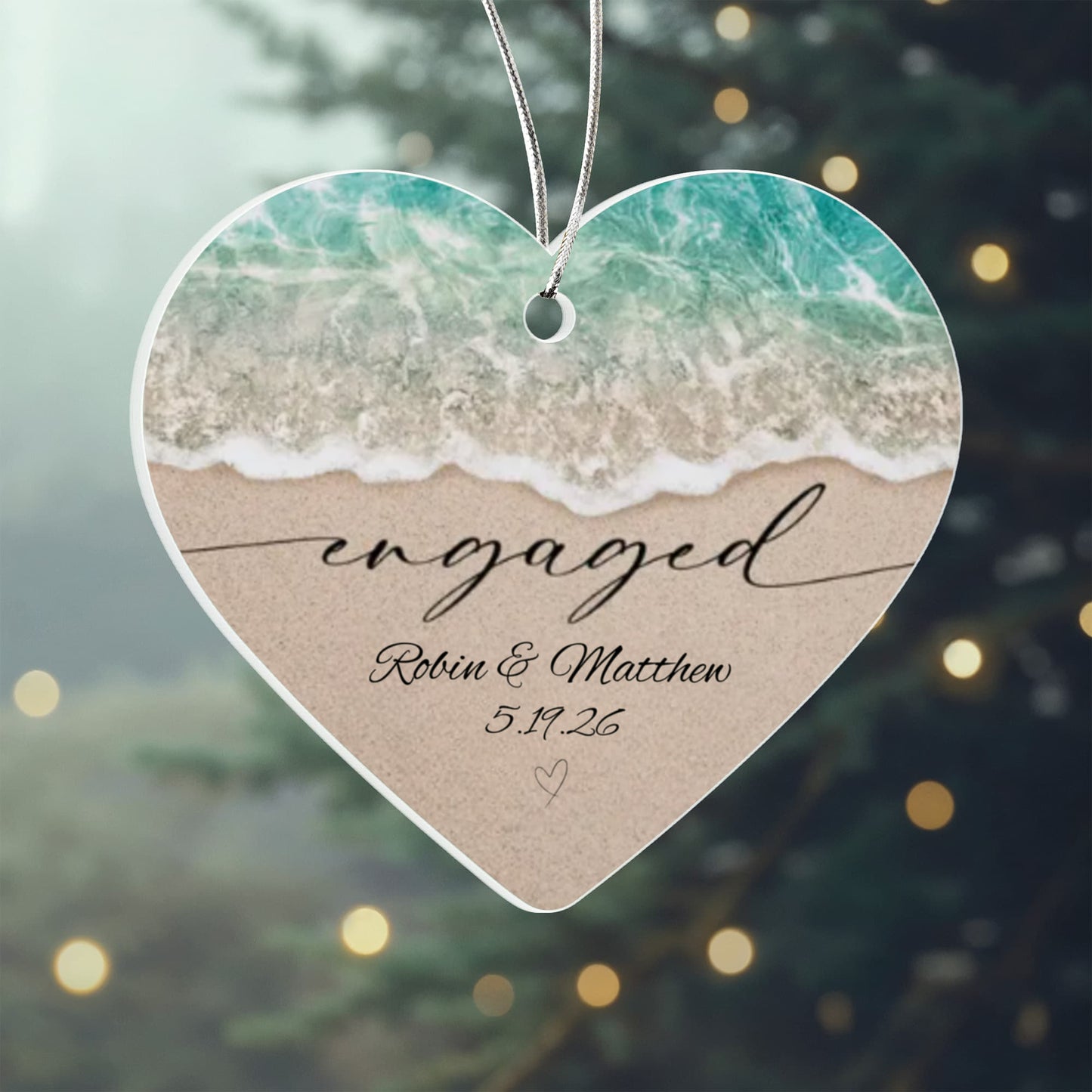 Acrylic Heart Beach Ornament, Personalized Engagement Keepsake, Beach Theme Wedding, Custom Names in Sand Gift