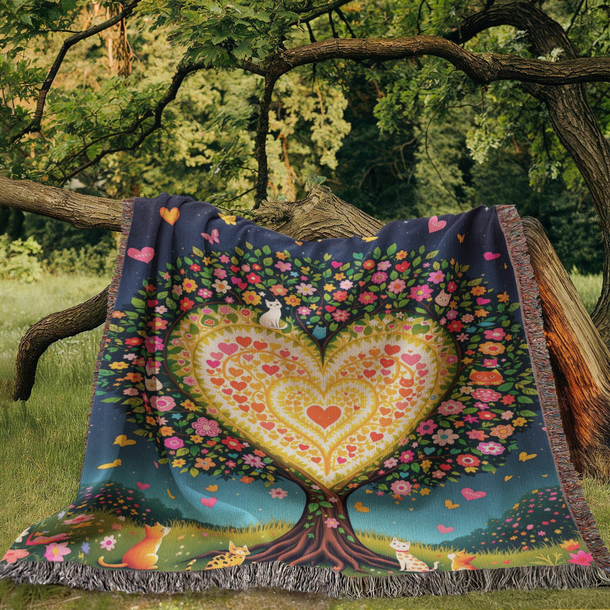 Cat Tree of Life Woven Cotton Throw Blanket-[Heartfelt Family Gift]