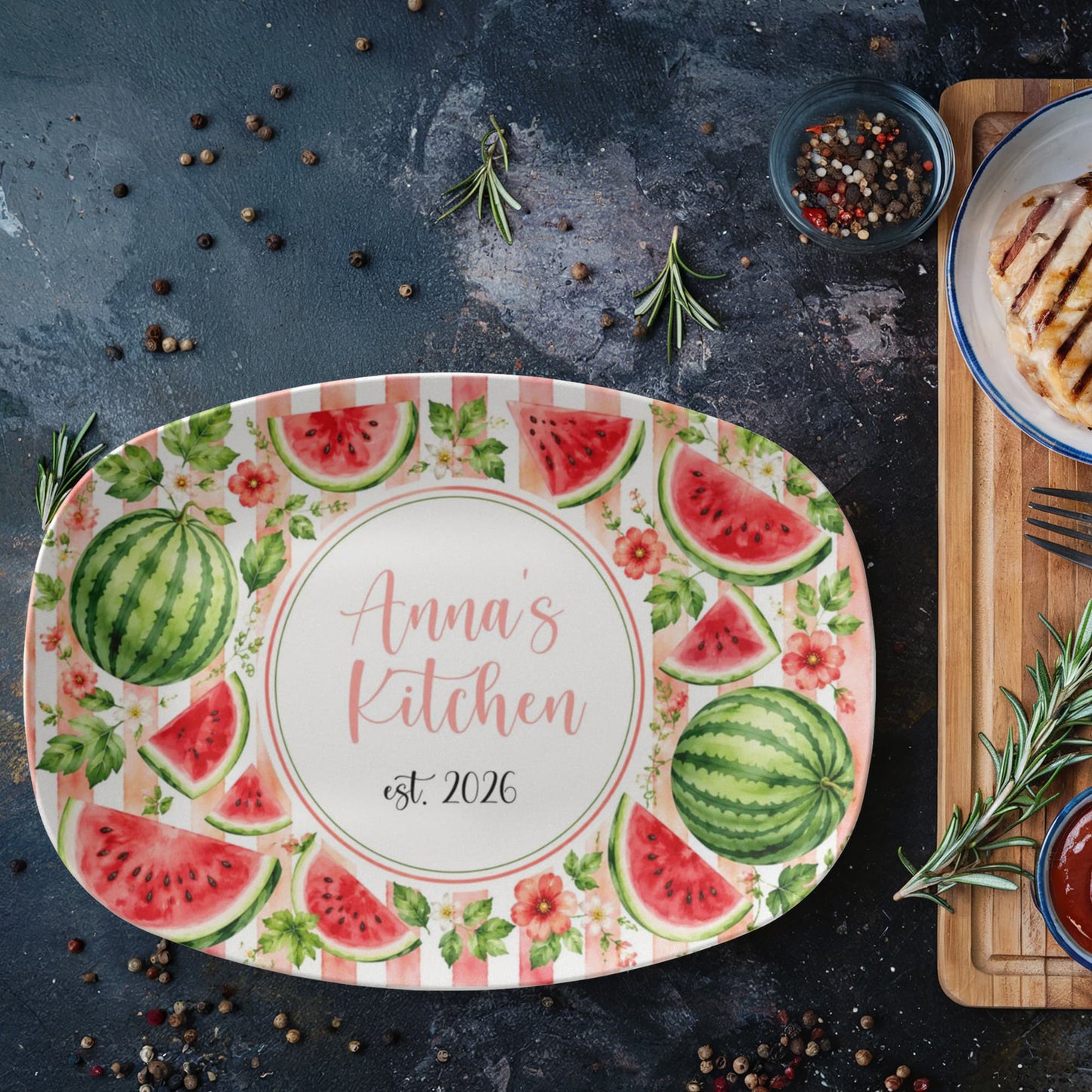 Personalized Watermelon Serving Tray, Custom Name Kitchen Decor, Summer Fruit Platter Gift for Her, Housewarming Party