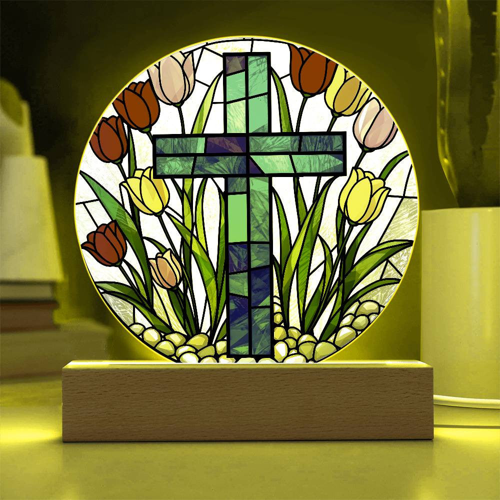 Cross and Tulips Circle Lamp-[Heartfelt Family Gift]