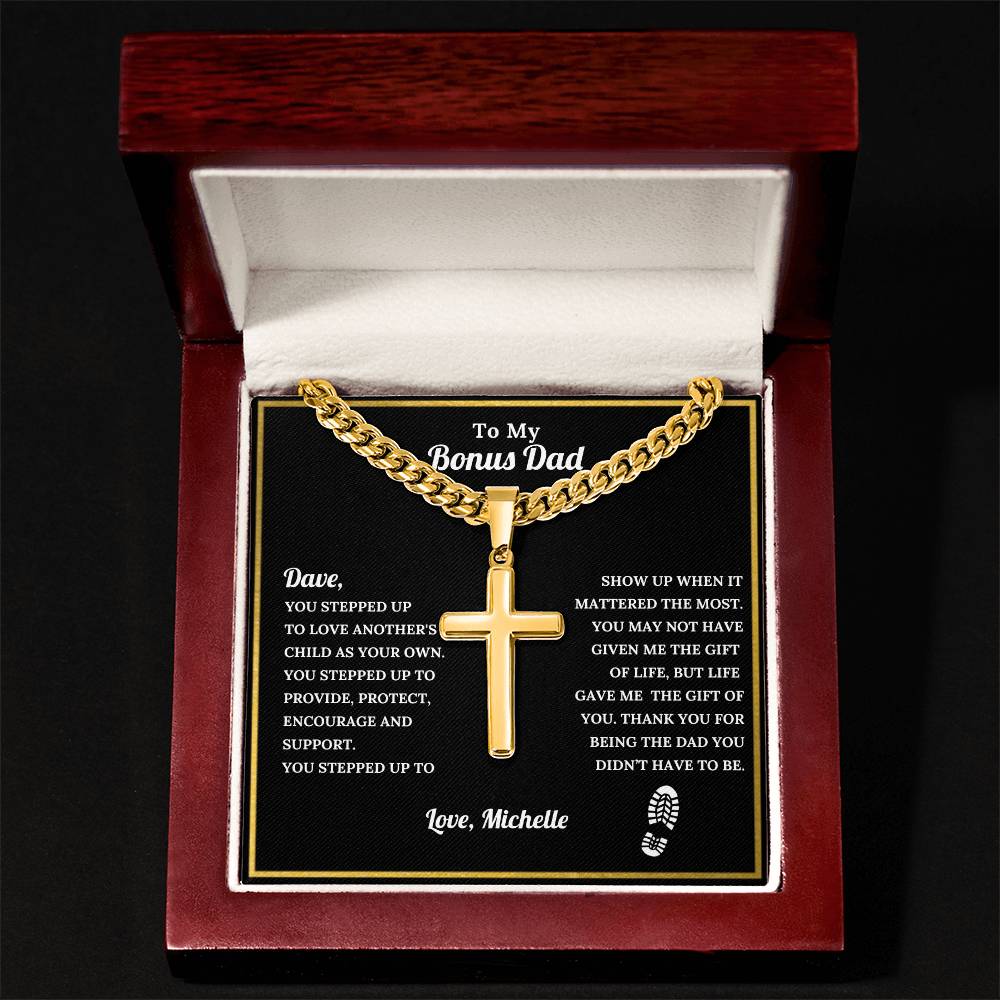 Personalized Bonus Dad Engraved Cross Necklace
