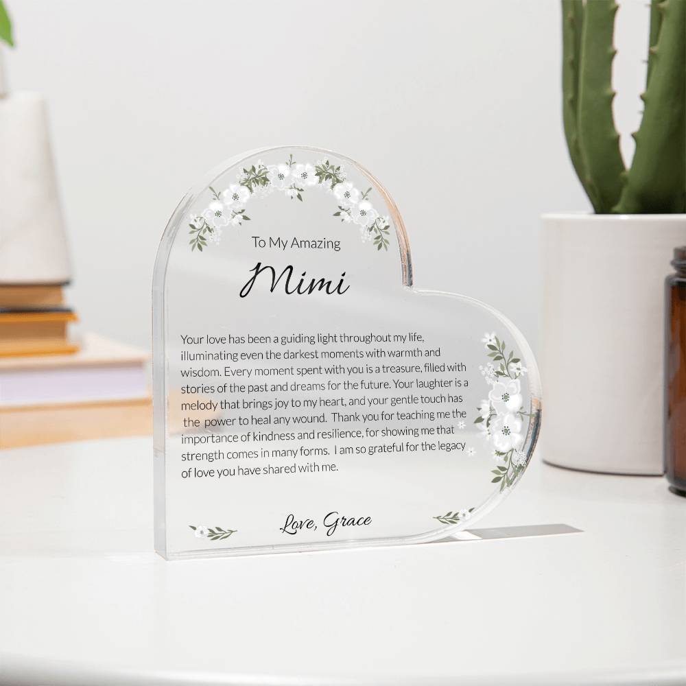Mimi Acrylic Heart Plaque, Grandma Gift, Personalized Grandma Keepsake, Heartfelt Grandmother Tribute, Mother's Day Gift for Mimi