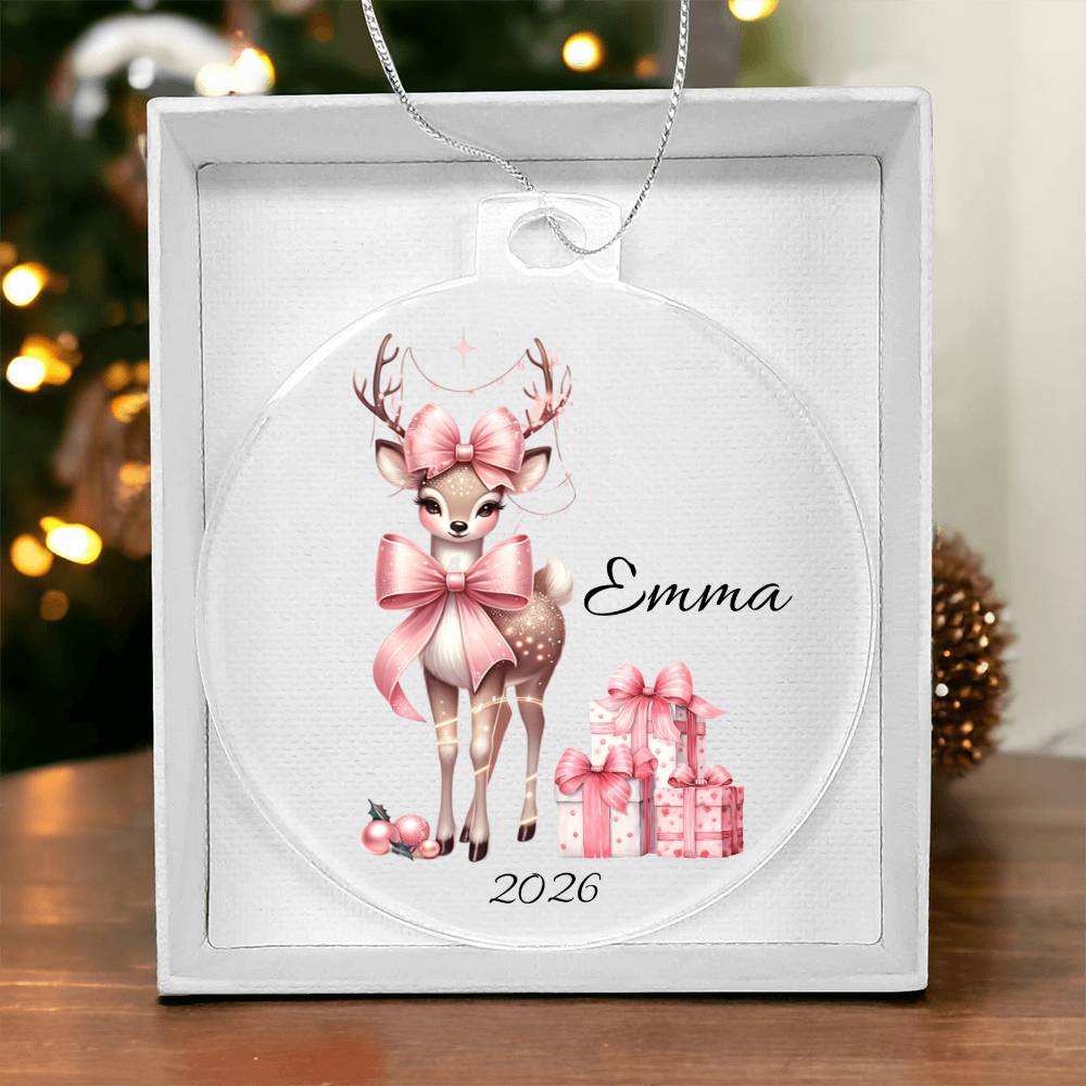 Pink Couquette Reindeer Christmas Ornament