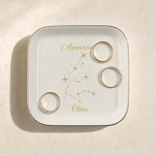 Aquarius Jewelry Dish, Zodiac Constellation Ring Holder, Astrology Trinket Tray, Celestial Gold Star Catchall,