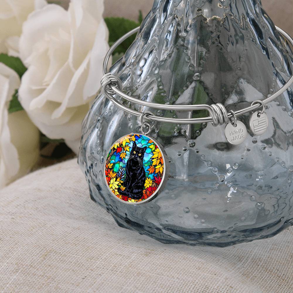 Fall Black Cat Pendant Necklace, Stained Glass Style, Autumn Leaves Jewelry, Cat Lover Gift, Halloween Statement Necklace, Unique Cat Pendant, Artistic Accessory