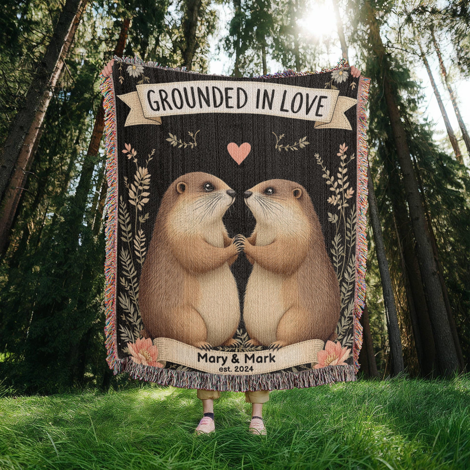 Groundhog Couple Woven Cotton Throw Blanket-[Heartfelt Family Gift]