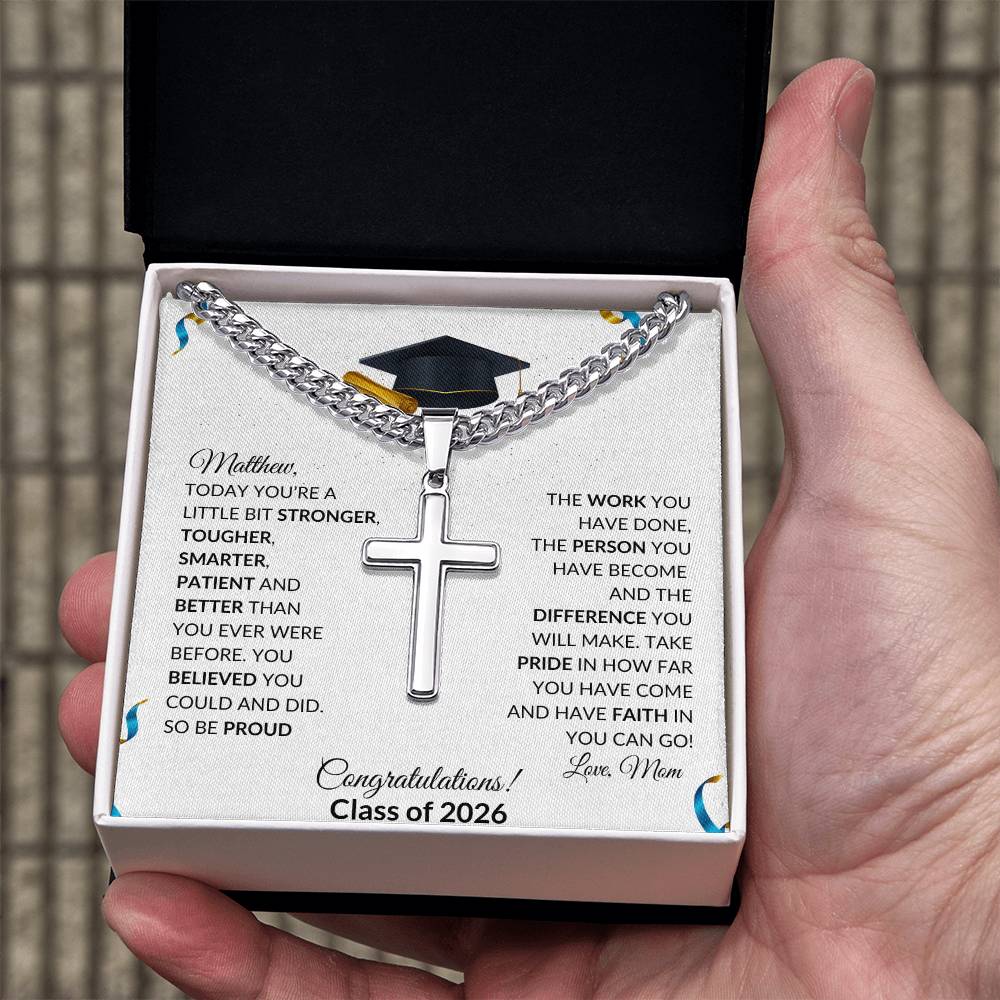 Graduation Cross Necklace Gift with Cuban Link Chain