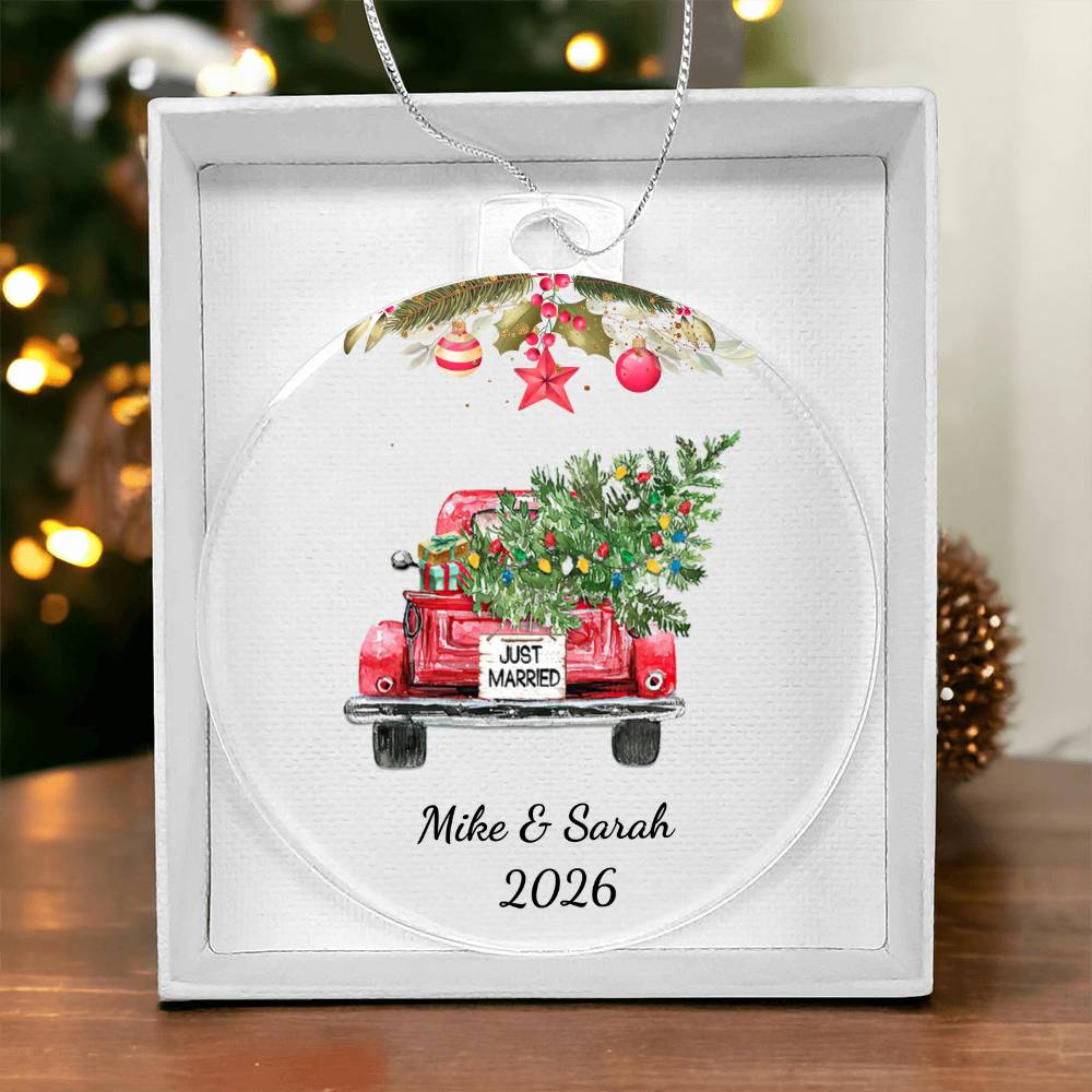 First Christmas Married Ornament, Personalized Acrylic Heart, Vintage Truck Keepsake, Newlywed Holiday Gift, Custom Wedding Ornament