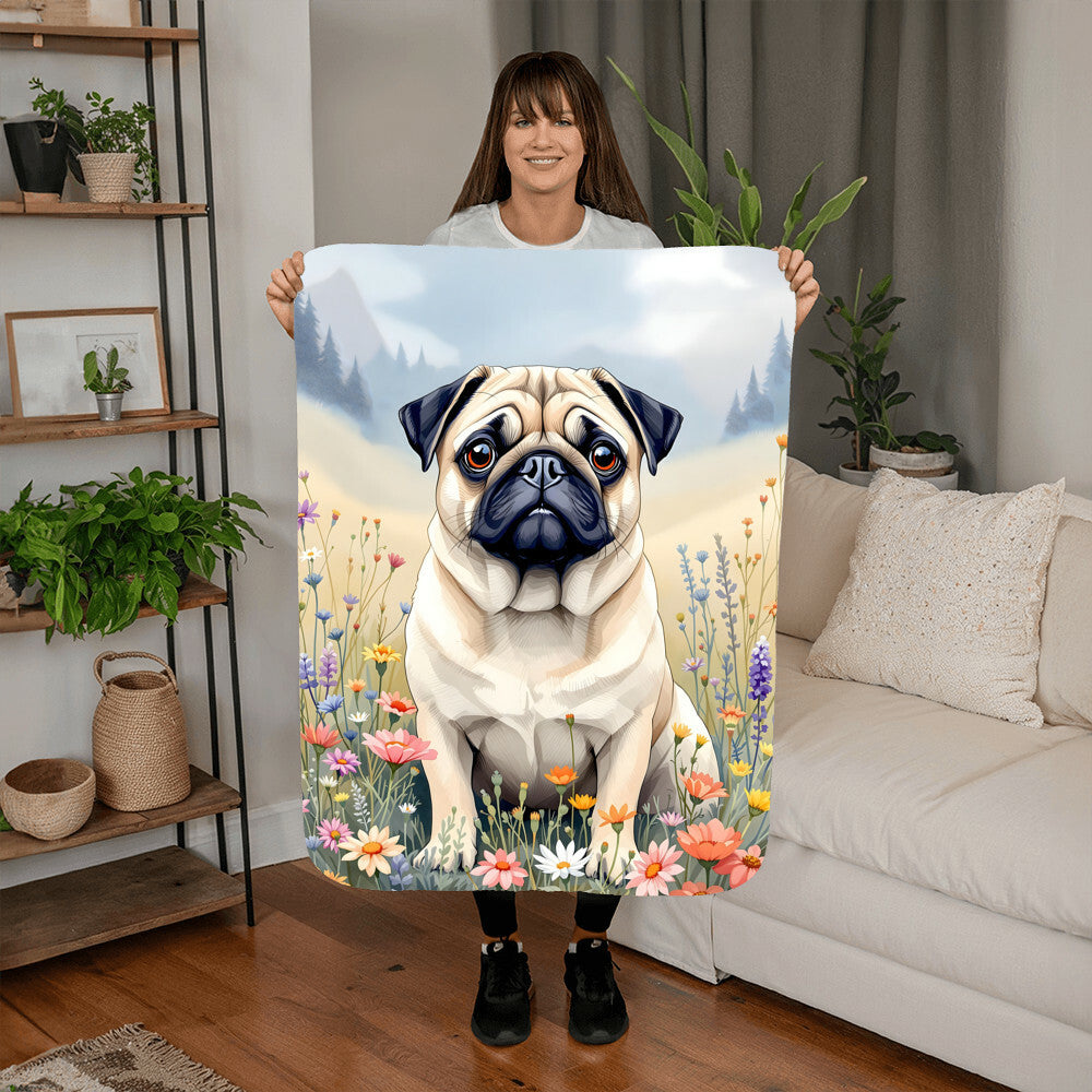 Pug Dog Wildflower Floral Woven Blanket-[Heartfelt Family Gift]