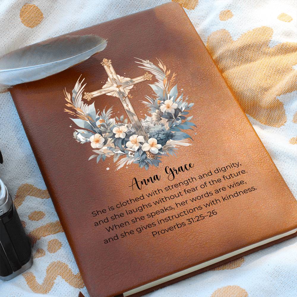 Personalized Bible Verse Journal, Proverbs 31:25 Leather Notebook, Christian Gift for Women, Custom Name Scripture Keepsake