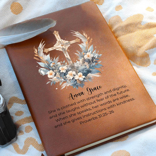 Personalized Bible Verse Journal, Proverbs 31:25 Leather Notebook, Christian Gift for Women, Custom Name Scripture Keepsake