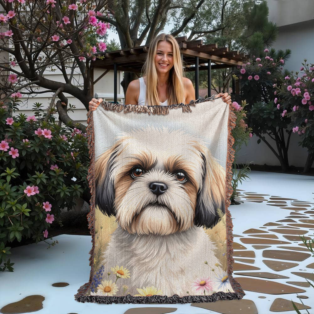 Shih Tzu Wildflower Woven Cotton Throw Blanket