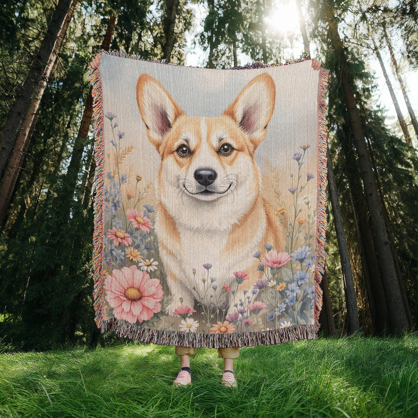 Corgi Dog WIldflower Woven Cotton Blanket-[Heartfelt Family Gift]