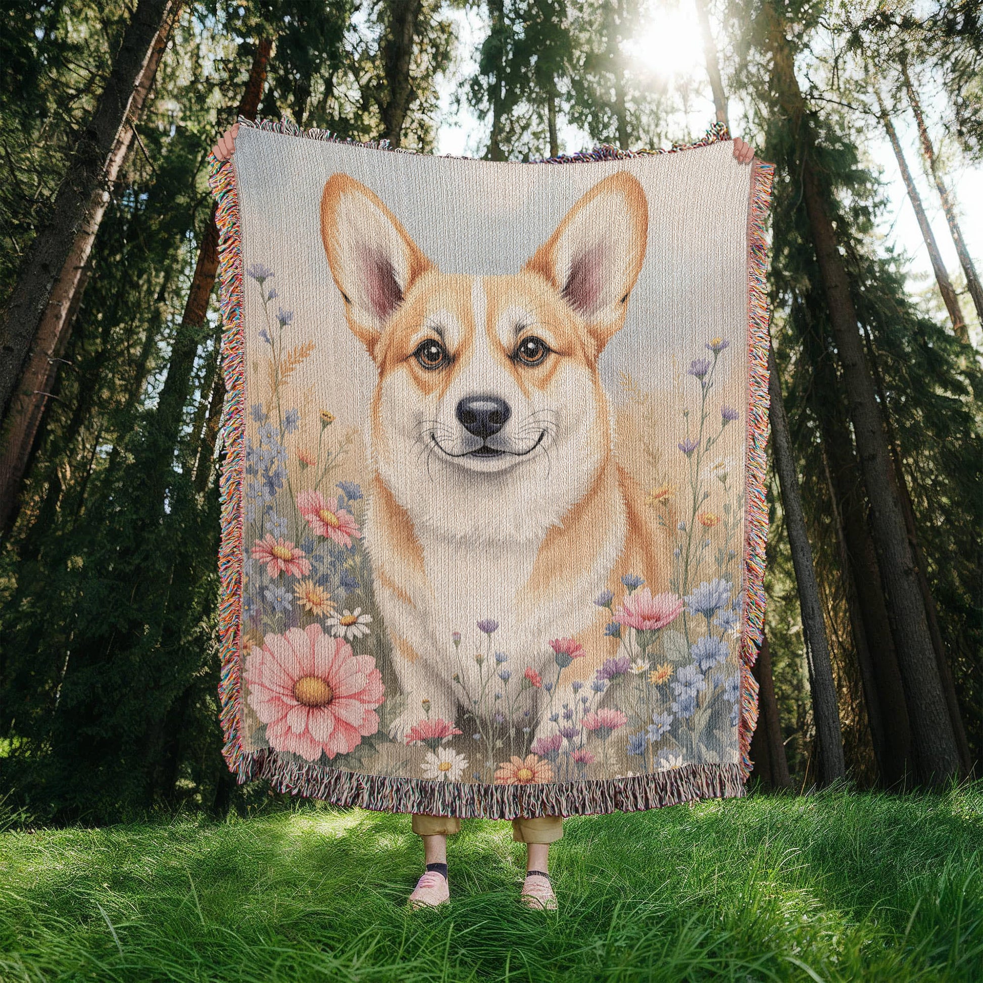 Corgi Dog WIldflower Woven Cotton Blanket-[Heartfelt Family Gift]