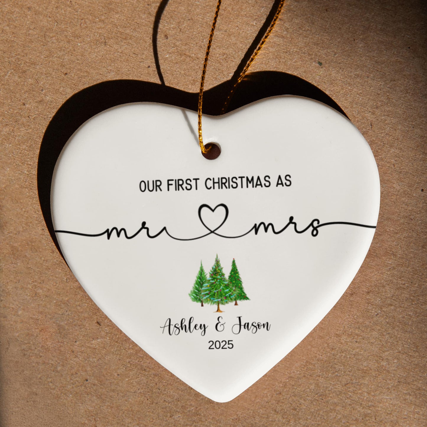 Ceramic Heart Ornament, First Christmas Ornament, Elegant Holiday Decor, Mr and Mrs Keepsake, Personalized Couple Ornament, New Year Gift