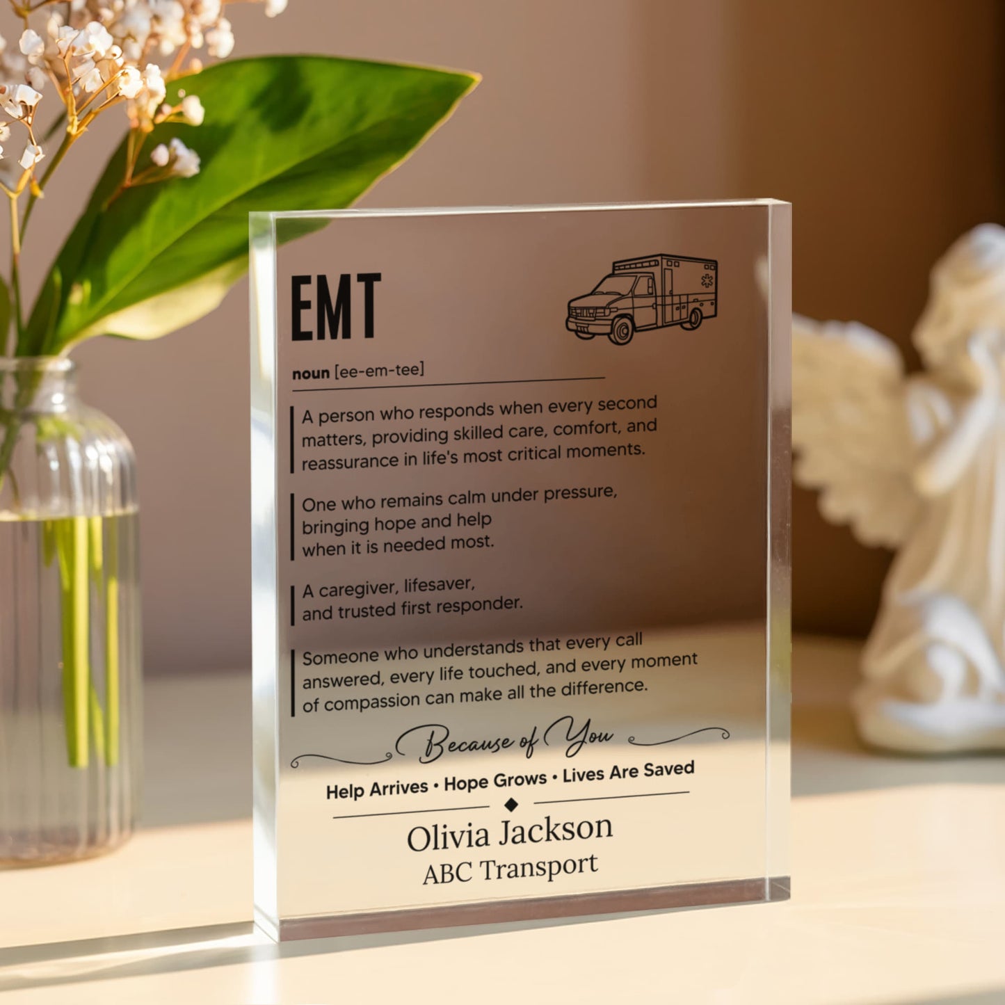 EMT Appreciation Award Plaque, Acrylic Plaque Gift, Emergency Responder Gift,  Thank You Gift for Employee
