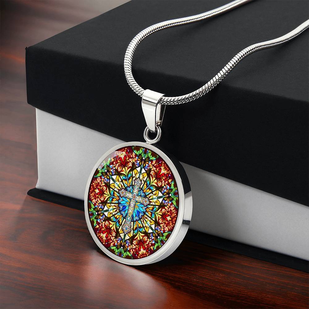 Cross Faux Stain Glass Pendant Necklace