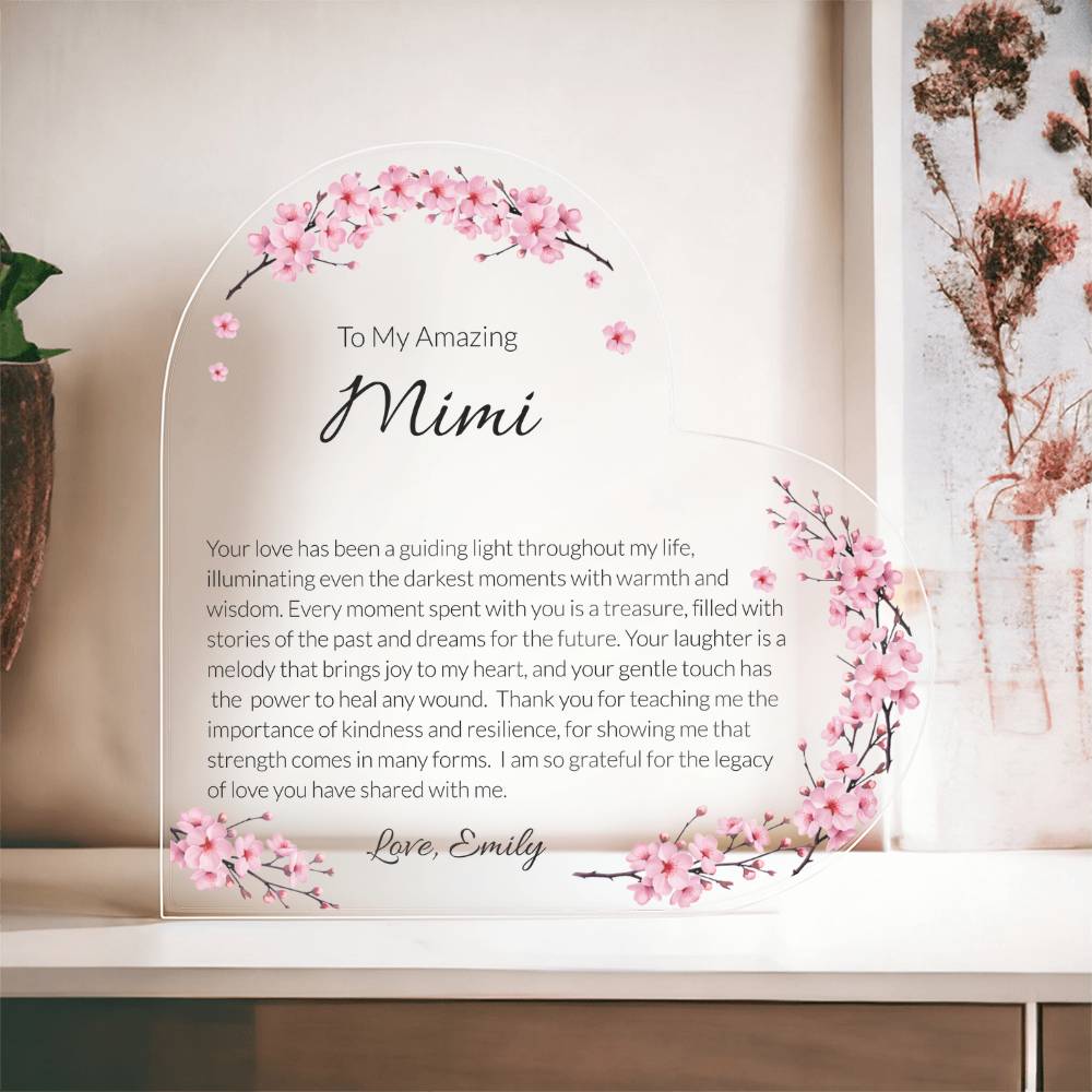 Mimi Acrylic Heart Plaque, Grandma Gift, Personalized Grandma Keepsake, Heartfelt Grandmother Tribute, Mother's Day Gift for Mimi