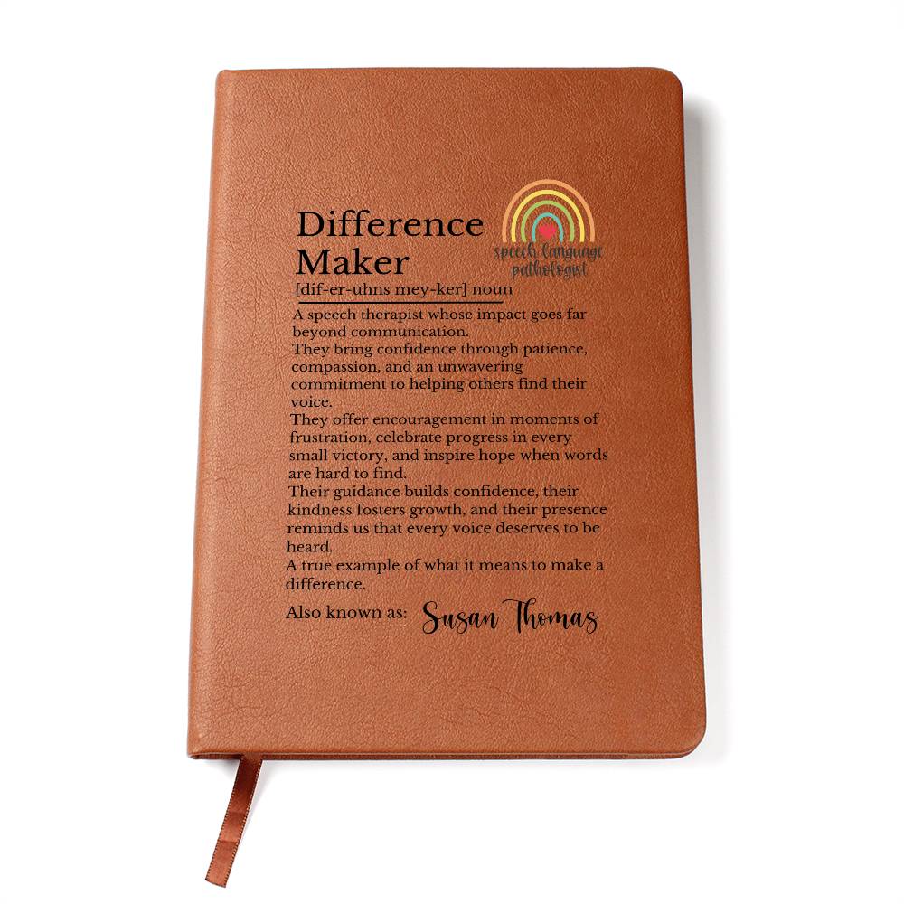 Speech Language Pathologist Gift, Leather Journal, Difference Maker Keepsake, Personalized SLP Notebook, Vegan Leather Diary, Appreciation