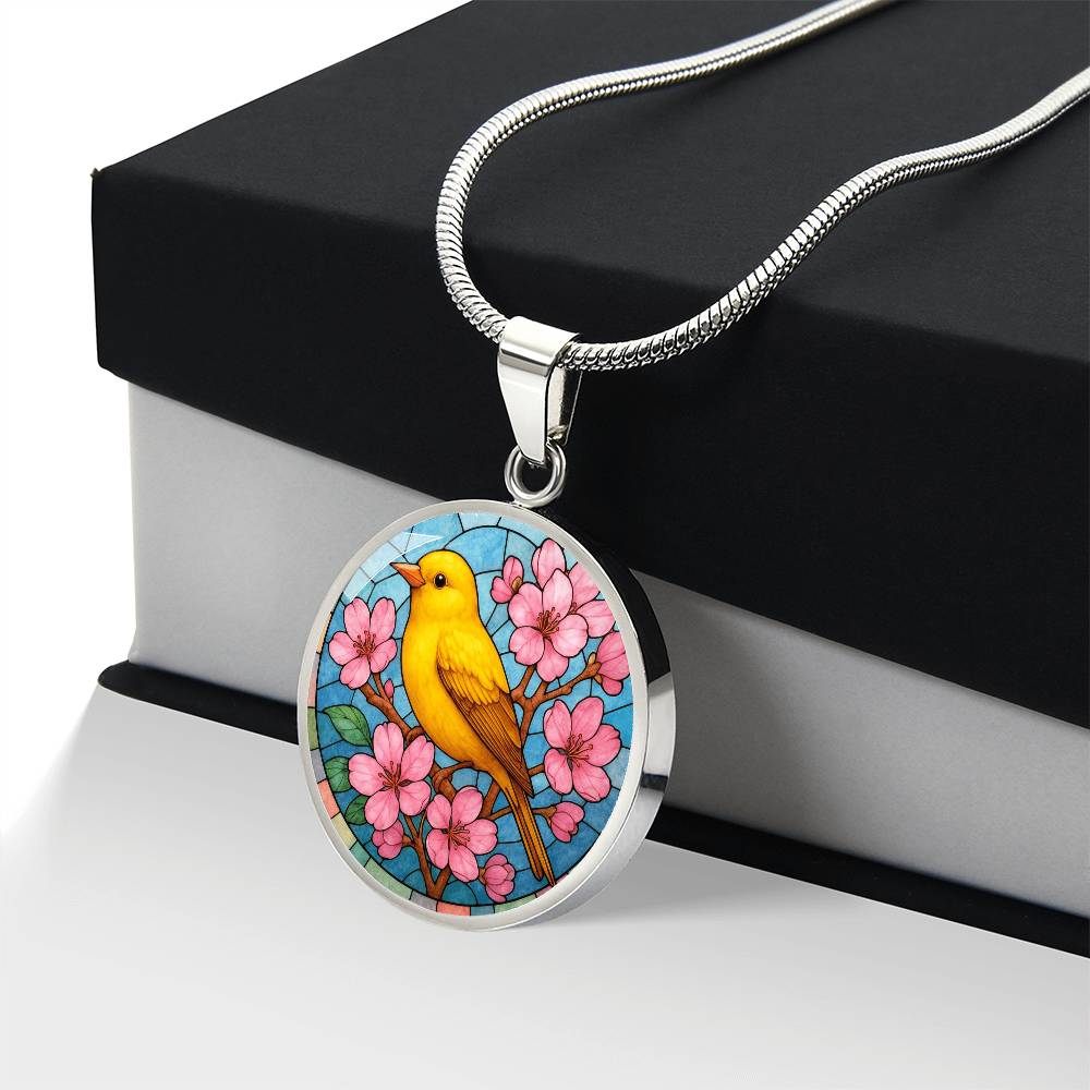 Goldfinch  Yellow Bird Floral Necklace with Engraving