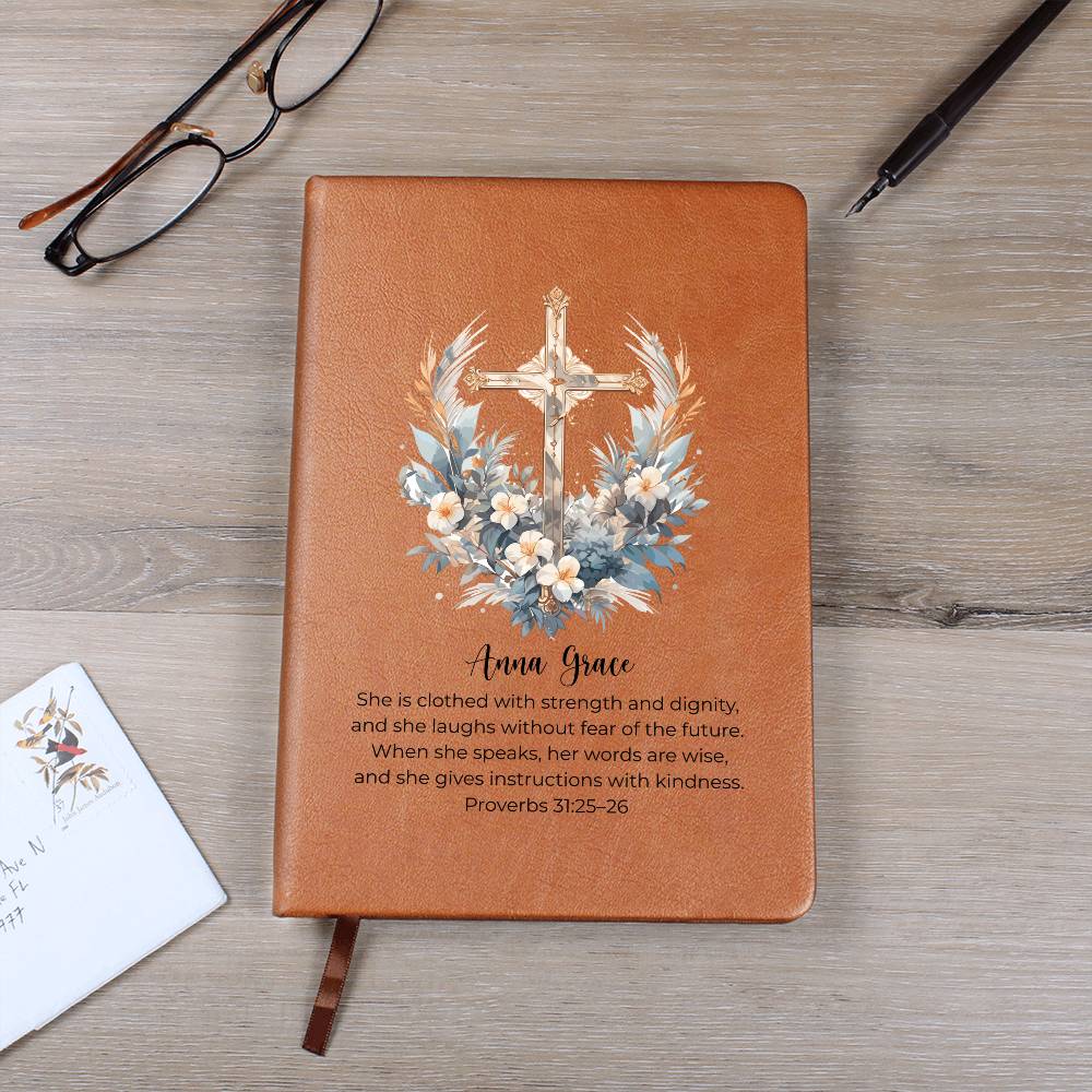 Personalized Bible Verse Journal, Proverbs 31:25 Leather Notebook, Christian Gift for Women, Custom Name Scripture Keepsake