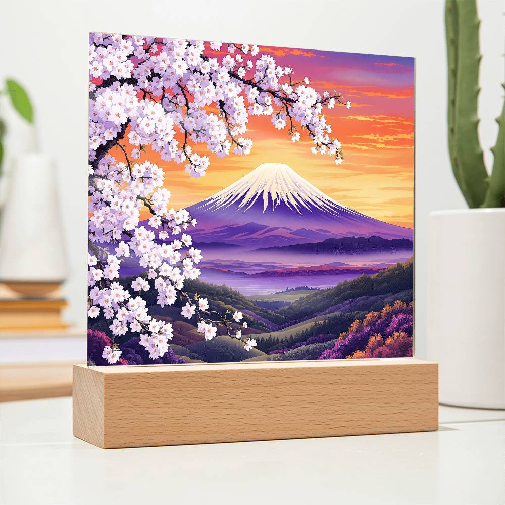 Cherry Blossom Mountainscape Lighted Nightlight Plaque