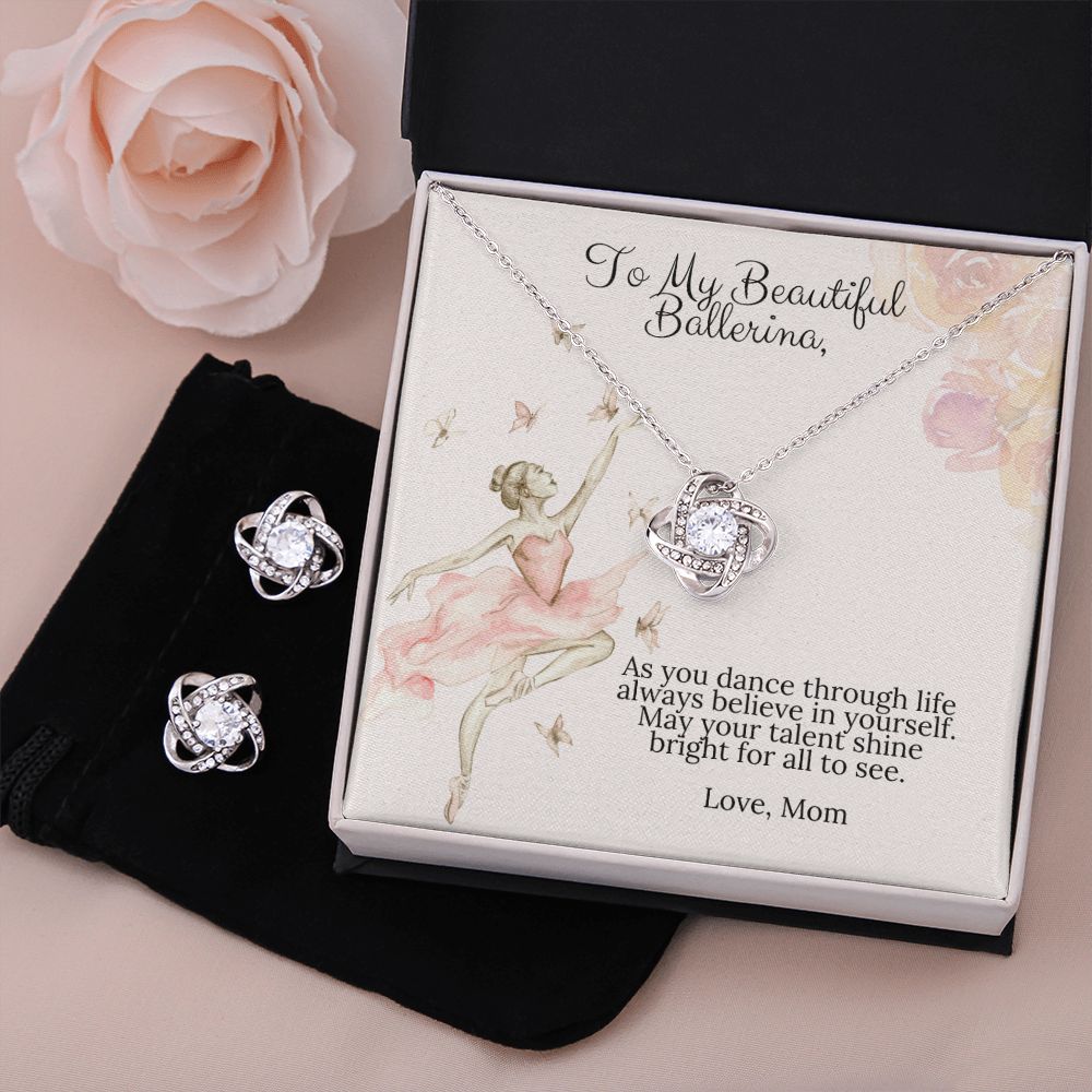 Ballerina Necklace - Dance Recital Gift From Mom - Love Knot Necklace Earring Set-[Heartfelt Family Gift]
